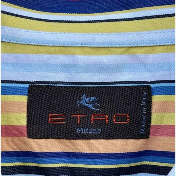 Etro Mens Vertical Striped Print Button Down Milano Polo Shirt Multicolor Sz 42 - Picture 7 of 10